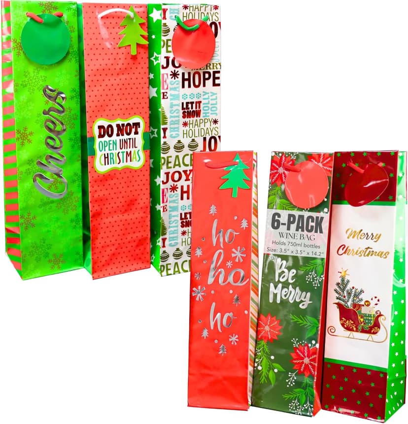 Iconikal 6-Pack Christmas Wine Bottle Gift Bags, Heavy-Duty with Ribbon Handles, Assorted Holiday Designs - Ideal for Festive Xmas Gifting, Parties & Bulk Wrapping