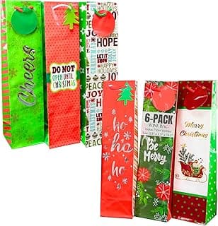 Iconikal 6-Pack Christmas Wine Bottle Gift Bags, Heavy-Duty with Ribbon Handles, Assorted Holiday Designs - Ideal for Festive Xmas Gifting, Parties & Bulk Wrapping