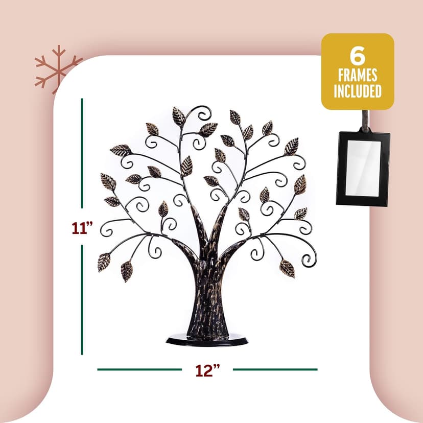 Klikel Family Tree Picture Frame Stand with 6 Hanging Photo Picture Frames - Medium Metal Tree 12 X 11 - Holds 6 Ornamental 2x3 Frames