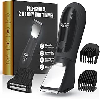 Bikini Trimmer for Women Men, 2 in 1 Electric Razors Shaver, IPX7 Waterproof Body Hair Trimmer with Mirror, LED Light & Display, Painless Pubic Hair Removal, Black