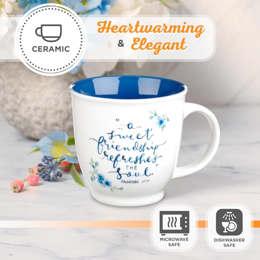 Christian Art Gifts Blue Floral Ceramic Coffee Mug – 14 oz. Microwave and Dishwasher-safe Inspirational Scripture Coffee and Tea Mug for Friends with Bible Verse: A Sweet Friendship – Proverbs 27:9