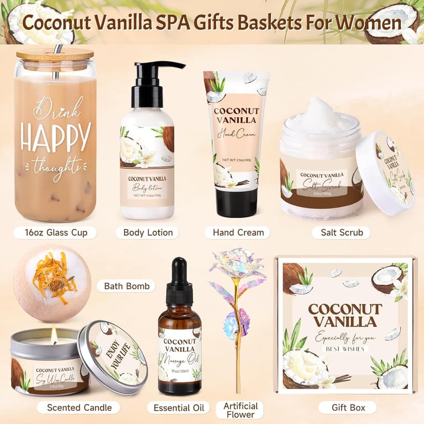 Spa Gift Baskets for Women, Vanilla Coconut Bath and Body Gifts Set for Women, Home Spa Self Care Gift, Relaxing Bath Set for Mom Wife Sister Friends Sister Girlfriend, Mother’s Day Thank You Gifts