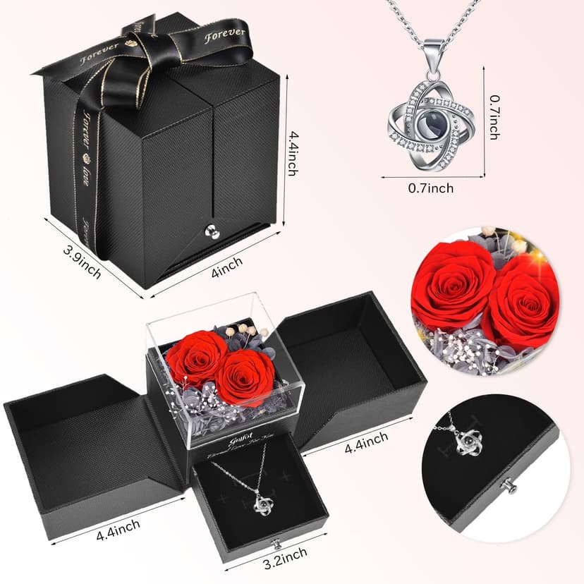 2 Preserved Rose Gift for Women - Eternal Rose with I Love You Necklace - Romantic Birthday Gifts for Girlfriend Mom Her Wife Grandma on Valentines Mothers Day Anniversary Christmas-Red