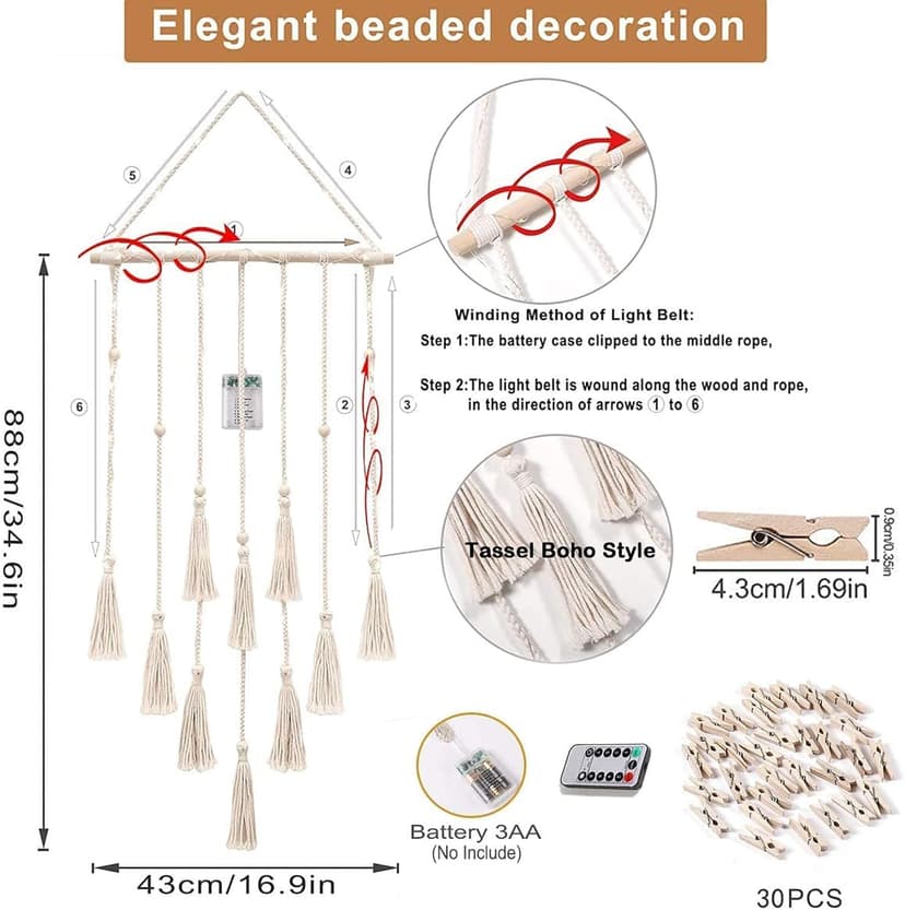 Homecor Hanging Photo Display Wall Decor, Macrame Wall Hanging Boho Room Bedroom Decor, Picture Frame Collage Board with Light 30 Clip, Christmas Teenage Teen Girl Gifts Ages 10 11 12 13 14 Years Old