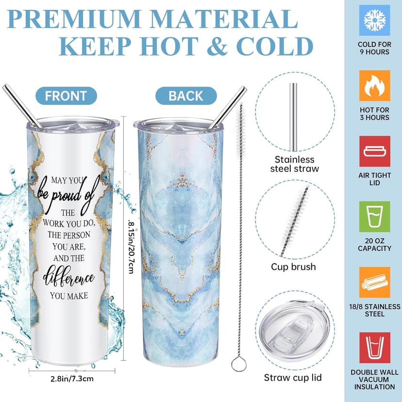 Domensi 6 Pcs Employee Appreciation Gift Set for Women Female Christmas Thank You Gift May You Be Proud 20 oz Rustic Marble Sign Tumbler Makeup Bag Journal for Teacher Nurse Lady Work Business(Blue)