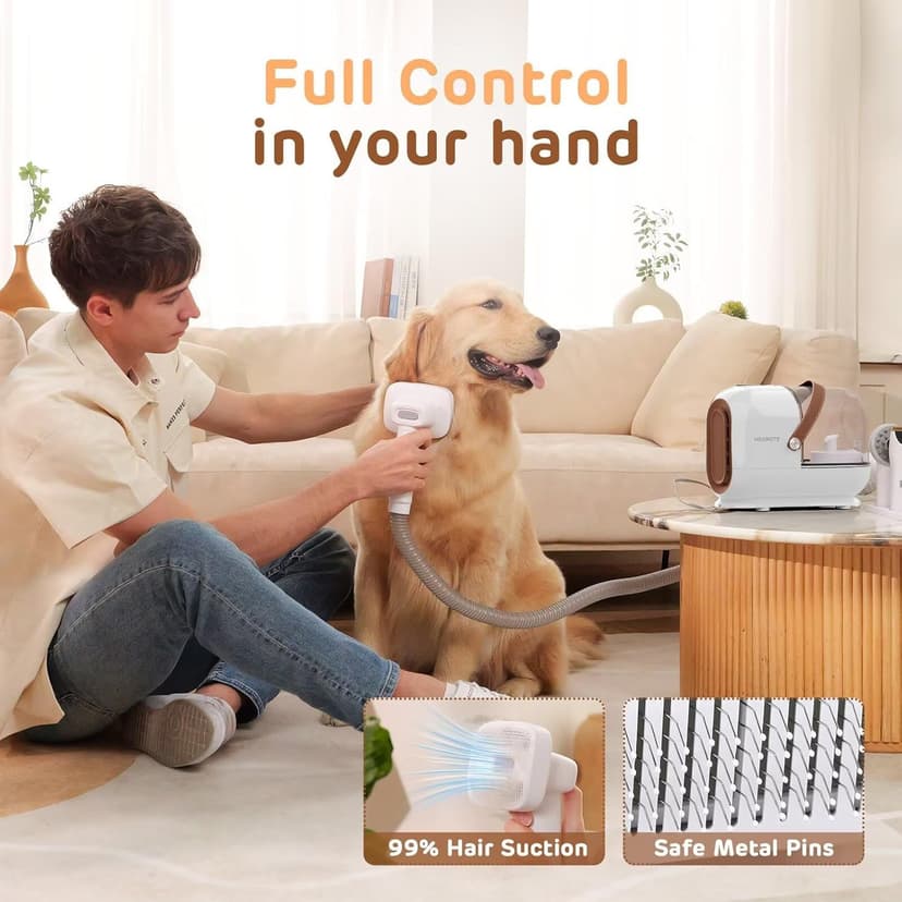 Dog Grooming Vacuum Kit - 3L Vacuum with 7 Tools, Low Noise Electric Clipper and Brush for Pet Shedding at Home, White