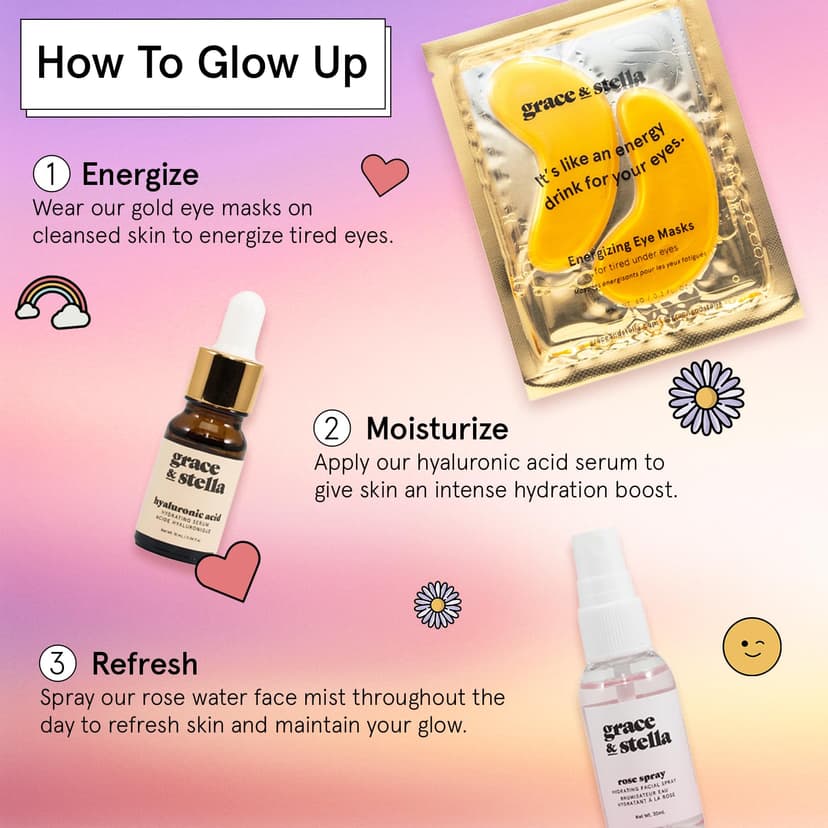 grace & stella Award-Winning Skin Care Set - Birthday Gifts for Women - Travel Essentials with Gold Eye Masks, Hyaluronic Acid Serum & Rose Spray - Bachelorette Party Favors, Teen Girl Gifts - Vegan