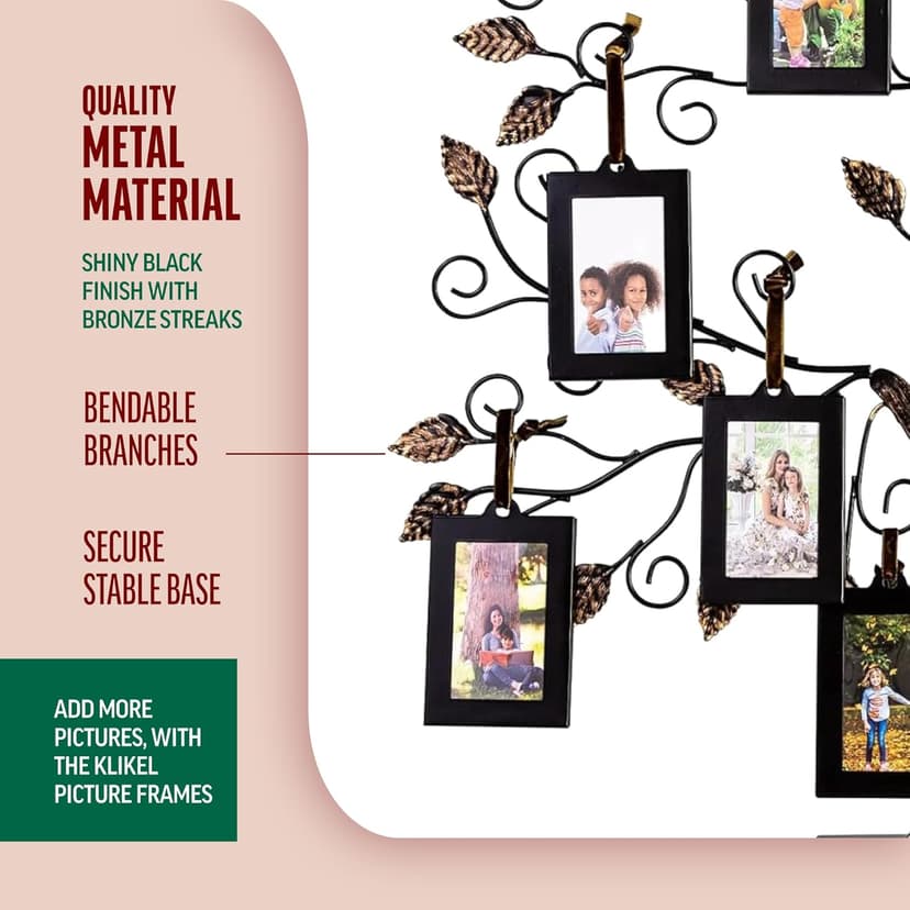 Klikel Family Tree Picture Frame Display with 10 Hanging Picture Photo Frames | Large 20 x 18 Metal Tree | 10 Ornamental 2x3 Frames