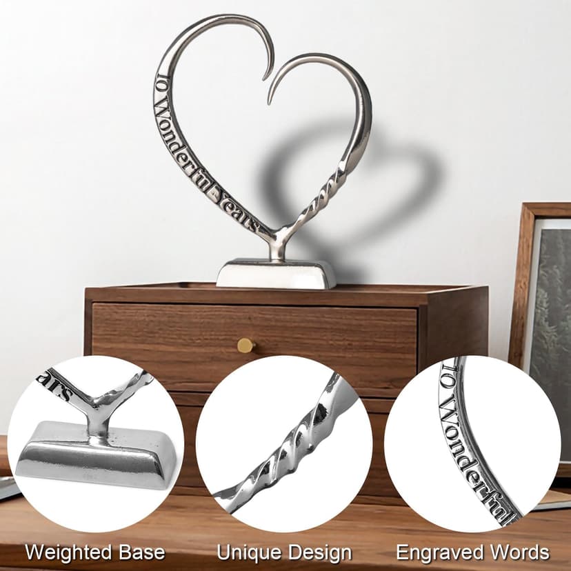 10 Year Anniversary Tin Gifts for Her Him Gift 10th Wedding Anniversary for Couples Wife Husband Men, Hand Forged Tin Aluminum Heart Art Keepsake Home Decor Artwork