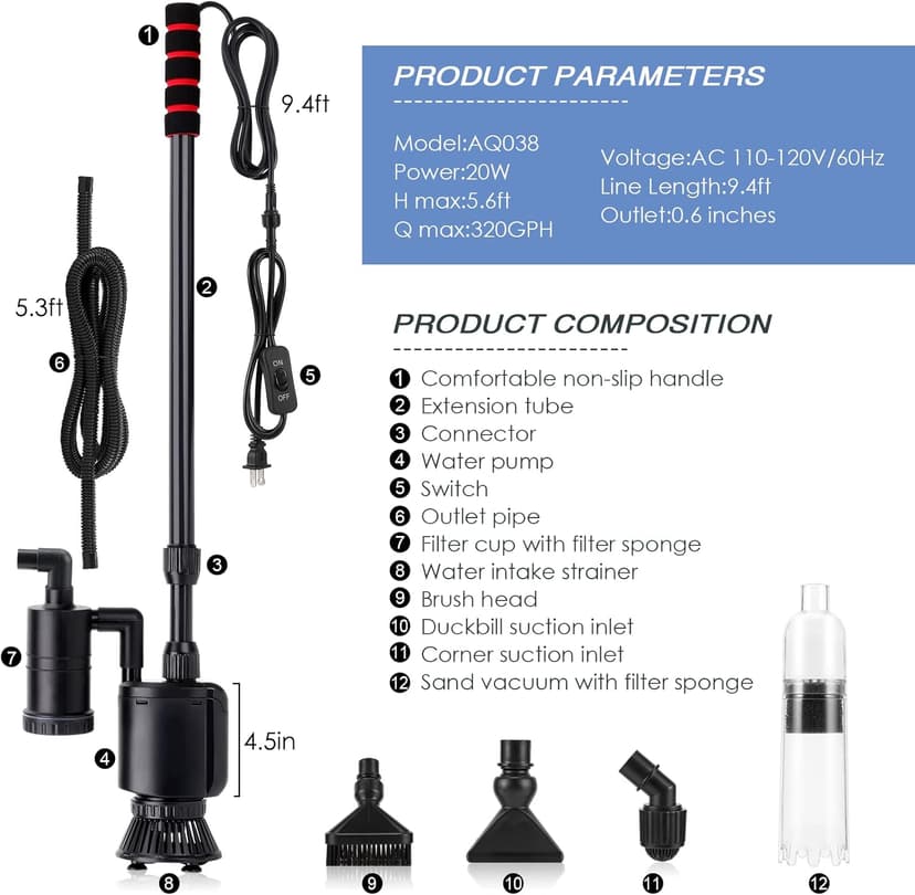 AQQA Electric Aquarium Gravel Cleaner, 6 in 1 Automatic Fish Tank Cleaning Tools Gravel Vacuum for Aquarium, Suitable for Change Water Wash Sand Water Filter and Water Circulation (320GPH, 20W)