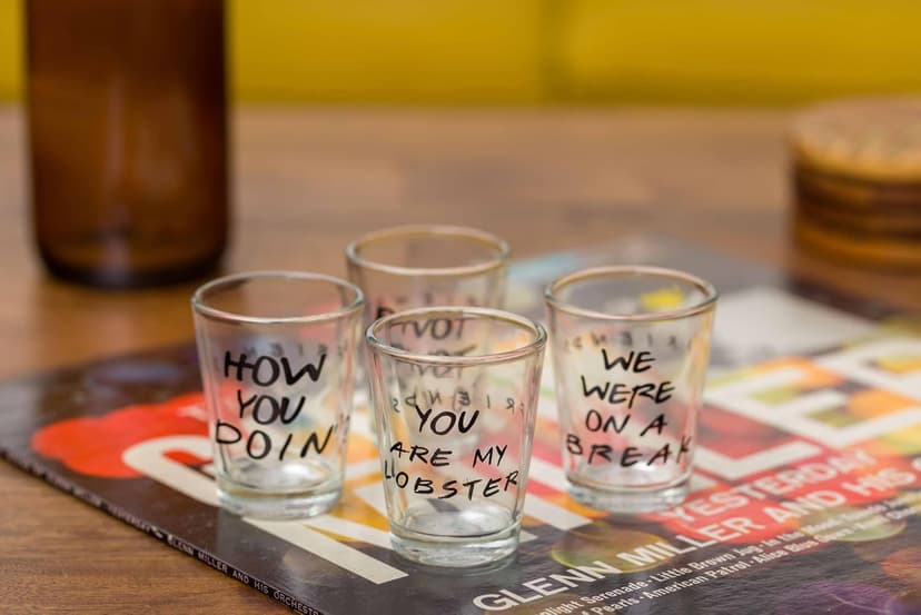 Silver Buffalo Friends Iconic Quotes "You're My Lobster," "How You Doin'" "Pivot," and "We Were On A Break!" 4 Pack Mini Glasses, 1.5 Ounces