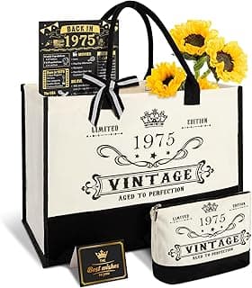 50th Birthday Gifts for Women Canvas Tote Bag Travel Gear, Unique 50 Years Old Gifts for Wife Sister Mom Aunt Friends Her, Vintage 1975 Handbag & Cosmetic Bag & Back in 1975 Poster
