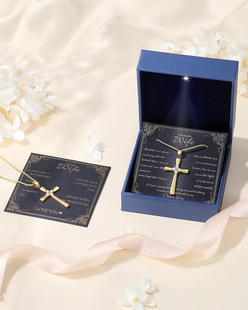 Gold Moissanite Cross Necklace for Women Wife in Light-Up Gift Box,Love Card - Women Anniversary Birthday Gifts Ideas for Wife Her Girlfriend, Christian Cross Chain Jewelry(18K Real Gold Filled)