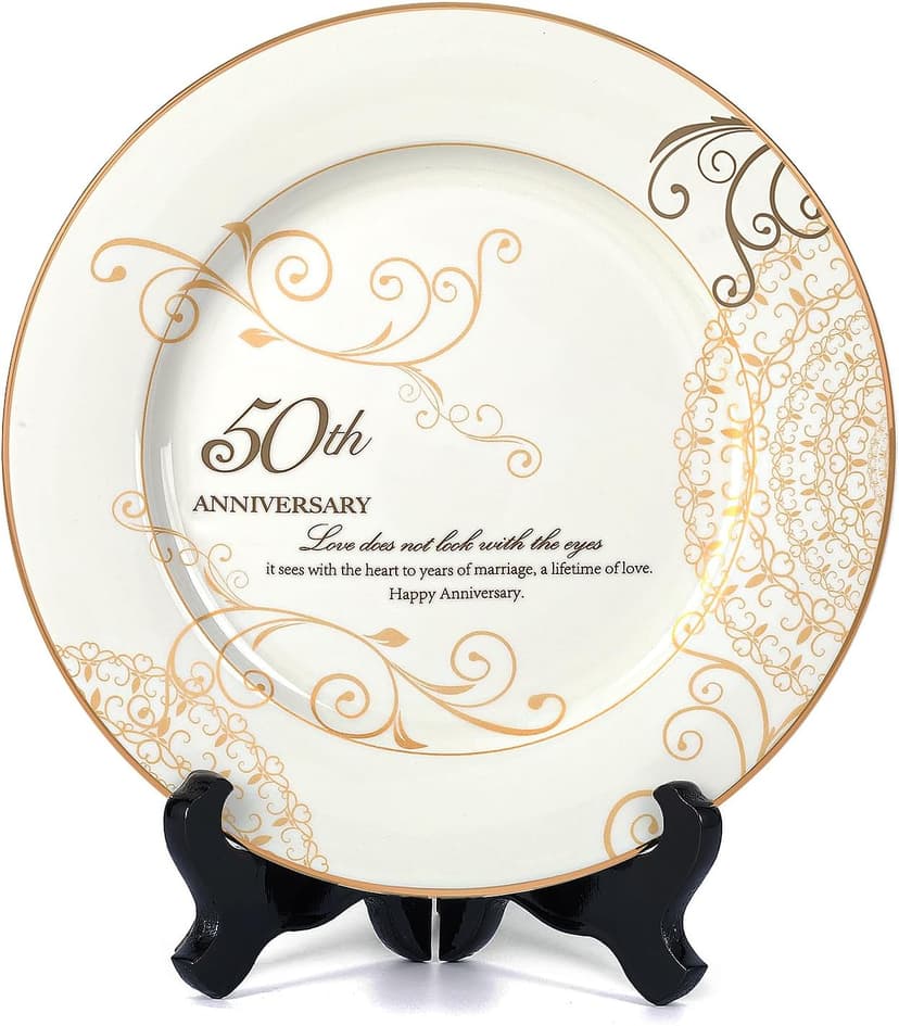 50th Anniversary Wedding Gifts for Couples Parents - 50 Year Marriage Plate with 24k Gold Foil, Golden Keepsake Gift, Ceramic 9 inch