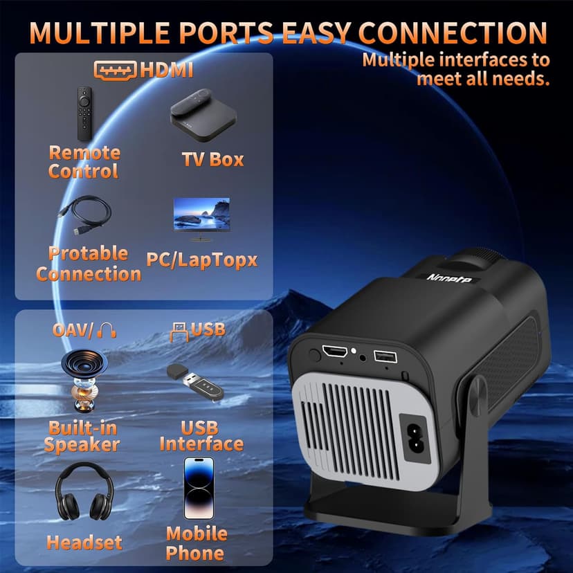 【Built-in Apps】Projector 1080P Full HD, 4K Projector with 270° Rotation,Portable Projector WiFi 6 & Bluetooth 5.2 Support,Featuring Auto Keystone Correction,HDMI/USB Connectivity Projector Black