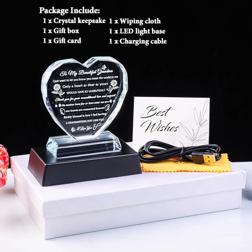 YWHL Gifts for Grandma from Granddaughter Grandson Great Grandma Birthday Gifts Crystal Keepsake with Colorful Light Base Best Gift Ideas for Grandmother on Christmas Mother's Day Valentines
