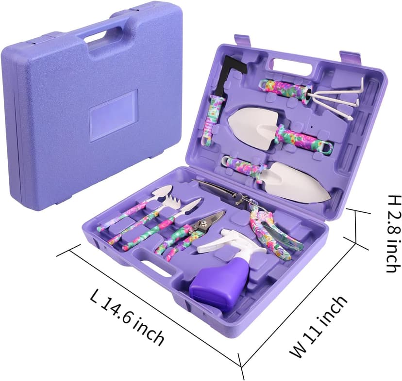 Garden Tools Set, JUMPHIGH 10 Pieces Gardening Tools with Floral Print, Ergonomic Handle Trowel Rake Weeder Pruner Shears Sprayer, Garden Hand Tools with Carrying Case Gardening Gifts for Women Father