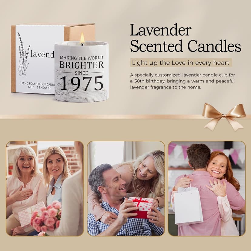 50th Birthday Gifts for Her - Gift for 50 Year Old Birthday Woman - 1975 Bday Gifts for Women - 50 Year Old Present Idea for Her Him, 6oz Lavender Ceramics Candle