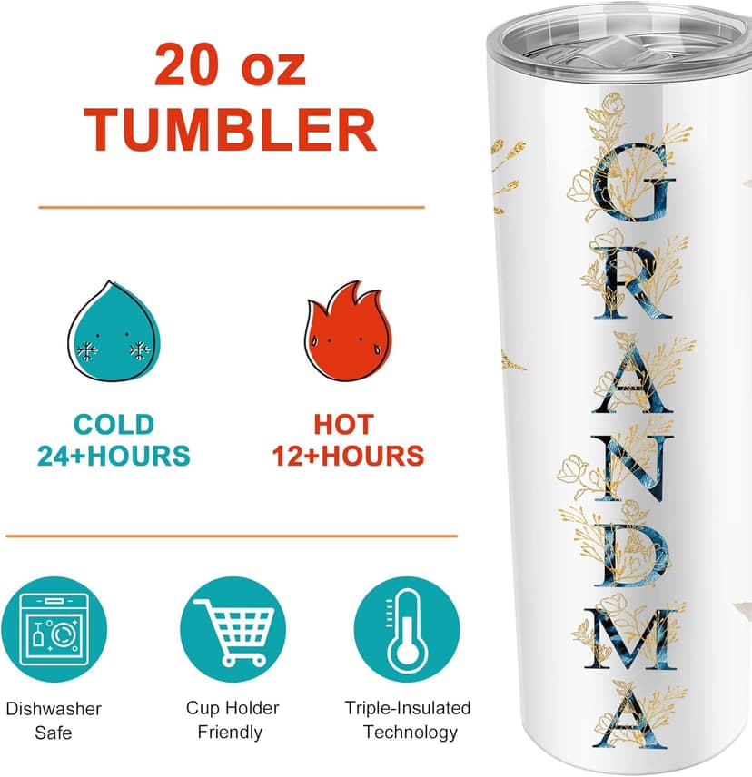 Gifts for Grandma- Best Grandma Stainless Steel Tumbler- Cute Grandma's Mother's Day Birthday Christmas Gifts- Gift for Grammy, Grandmothers, Grandmom from Grandchild Grandson Granddaughter