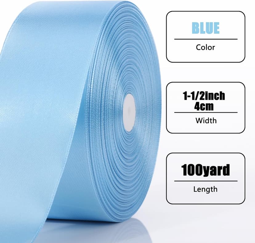 100 Yards Ribbon,1-1/2 Inch Sky Blue Satin Ribbon,Single Face Satin Ribbons,Perfect for Gift Wrapping,Wedding Decoration,Handmade Bows,Wrapping Bouquet, Halloween, Christmas