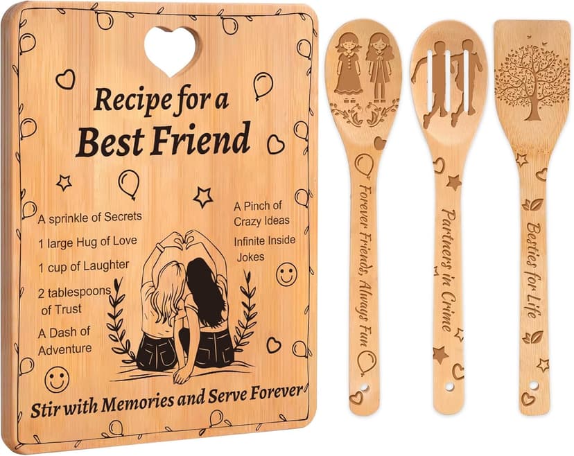 Best Friend Birthday Gifts for Women - “Recipe for a Best Friend” Bamboo Cutting Board Set, Engraved with Inside Jokes & Secrets - Bestie Gifts for Graduation, Long-Distance, Housewarming & Christmas