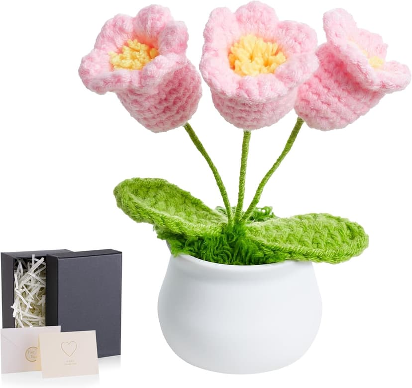 LAIDANLA Crochet Flower Potted, Pink Small Handmade Knitted Flowers Lilly of The Valley for Desk, Christmas Appreciation Birthday Gifts for Women Mom Sister Grandma Coworker Friend Teacher