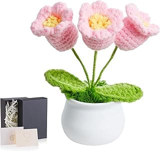 LAIDANLA Crochet Flower Potted, Pink Small Handmade Knitted Flowers Lilly of The Valley for Desk, Christmas Appreciation Birthday Gifts for Women Mom Sister Grandma Coworker Friend Teacher
