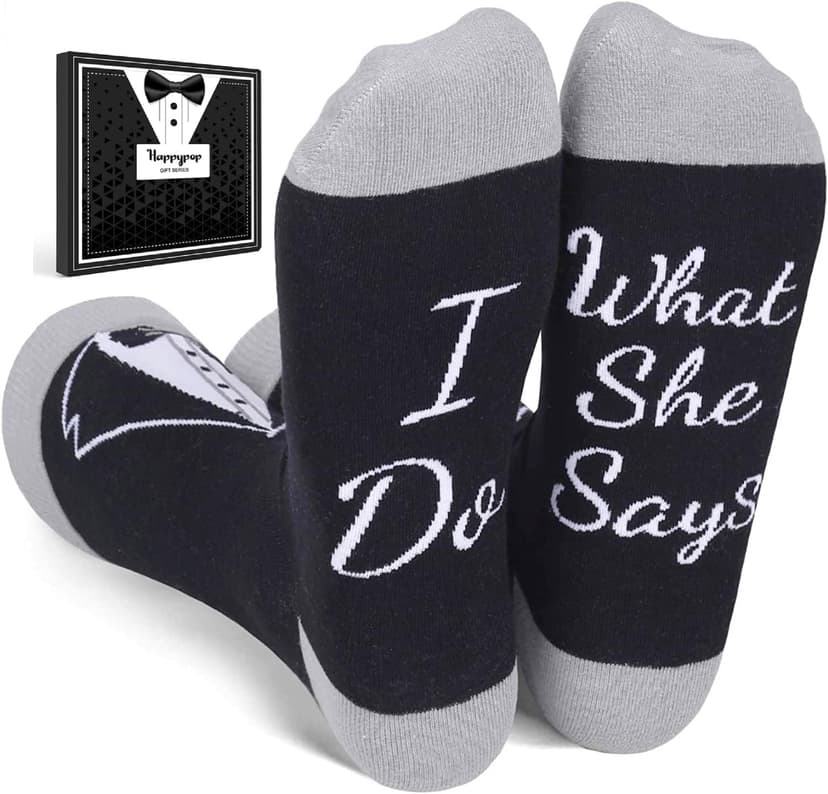 HAPPYPOP Wedding Gifts for Groom - Black Tuxedo Socks for Groom, I Do What She Says Engagement Socks