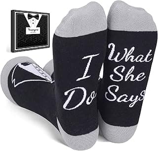 HAPPYPOP Wedding Gifts for Groom - Black Tuxedo Socks for Groom, I Do What She Says Engagement Socks