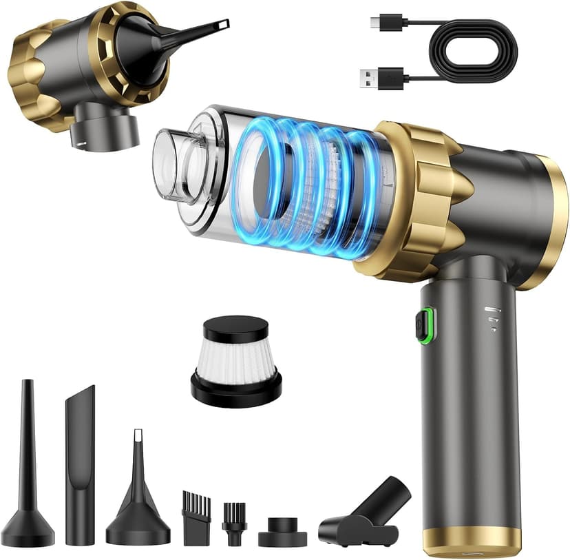 Car Vacuum Portable Cordless - Handheld Vacuum Cleaner with 16000PA Strong Suction, 7-in-1 Air Duster/Blower, Rechargeable Mini Vacuum with Long Battery, Multi-Nozzles for Car,Home, Office, Pet