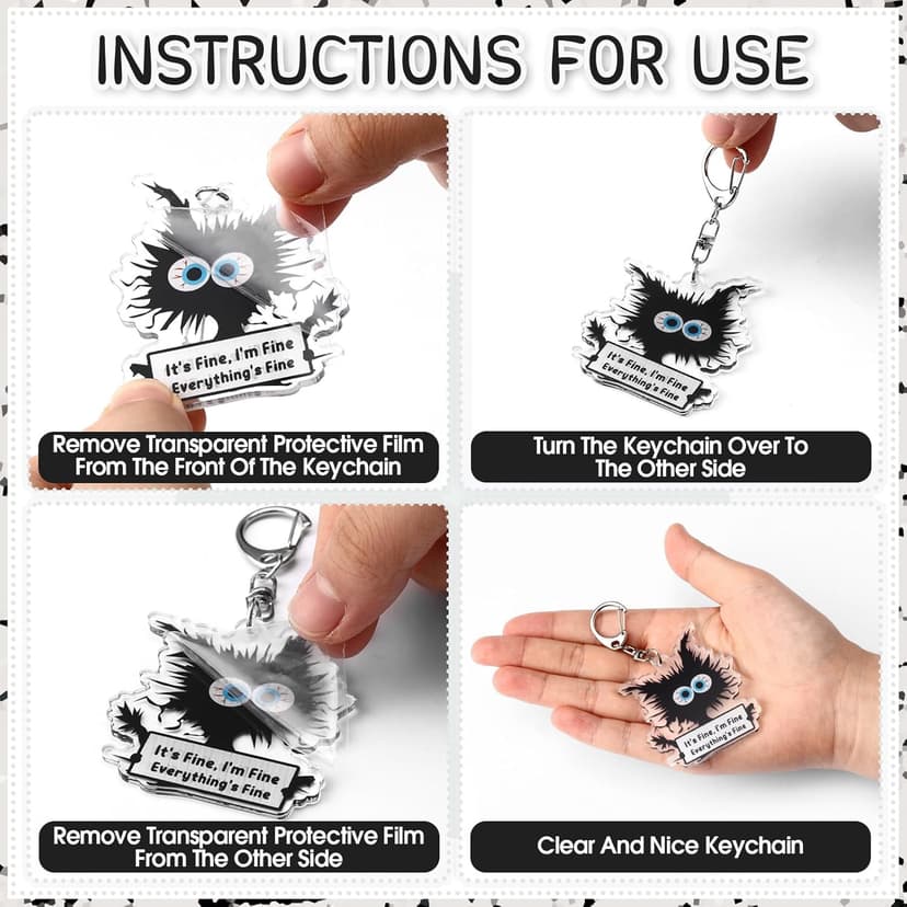 Funny Black Cat Keychains It's Fine Everything's Fine Appreciation Gifts for Cat Lovers Women Coworkers Employees