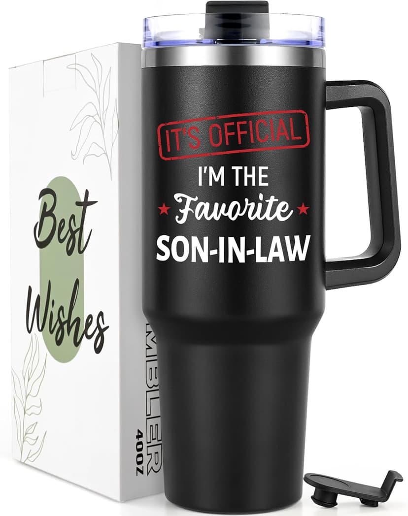 Lifecapido Son in Law Gifts, Favorite SON-IN-LAW 40oz Tumbler with Handle, Birthday Fathers Day Christmas Engagement Wedding Gifts for Son in Law from Mom in Law Dad in Law, Black