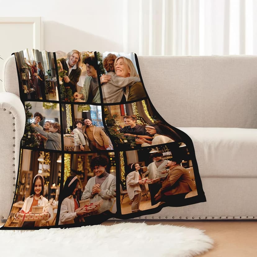 Yoke Style Ships Next Day, Custom Blanket with Picture, Personalized Throw Photo Blankets Customized Photo Gifts for Mom Dad Women Family - 9 Photos