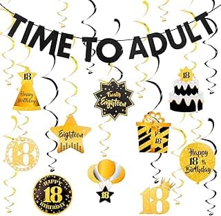 Black&Gold 18th Birthday Decorations for Boys Girls Happy 18th Birthday Decorations for Men Women Pre-Strung Time to Adult Banner and Hanging Swirls 18 Years Old Party Supplies