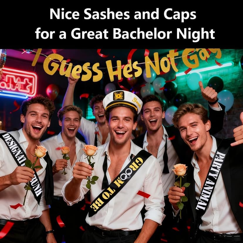 Men's Bachelor Party Decorations Kit with 1 Groom & 6 Groomsmen Belts, Gold Glitter Banner & Captain Hat for Bachelorette Party Supplies & Accessories