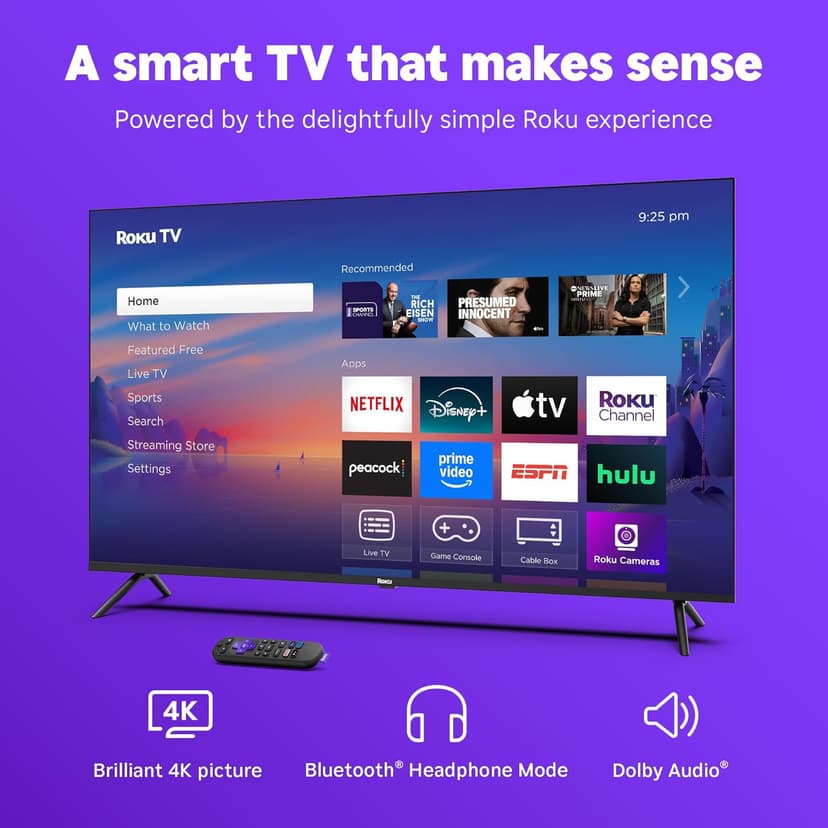 Roku Smart TV 2025 – 50-Inch Select Series, 4K HDR TV – RokuTV with Enhanced Voice Remote – Flat Screen LED Television with Wi-Fi for Streaming Live Local News, Sports, Family Entertainment