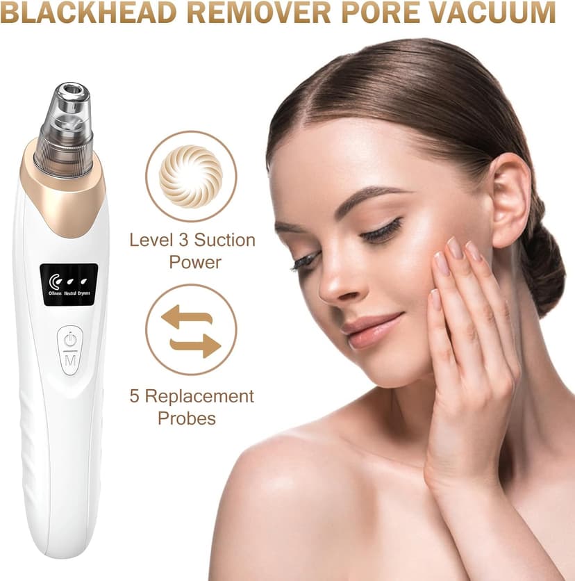Blackhead Remover Pore Vacuum Kit -Blackhead Extractor Tool with 3 Adjustable Suction Levels, 5 Probes, USB Rechargeable, Suitable for Women and Men(White)