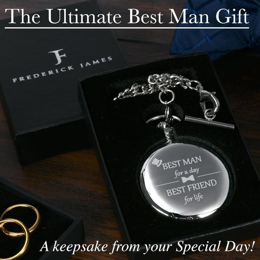 FJ FREDERICK JAMES Wedding Pocket Watches for Groomsman, Best Man, Groom, Father of The Bride & Groom I Silver Engraved I Complete Their Wedding Attire