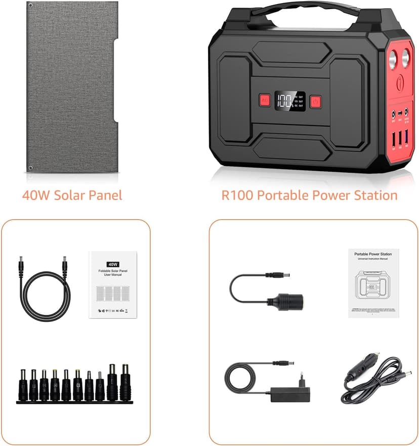 Solar Powered Generator 200W Peak/100W Rated, Portable Solar Generator Power Station with Solar Panels 40W Included, 146Wh Solar Power Bank with AC Outlet 110V for Home Use Camping Outdoor Adventure
