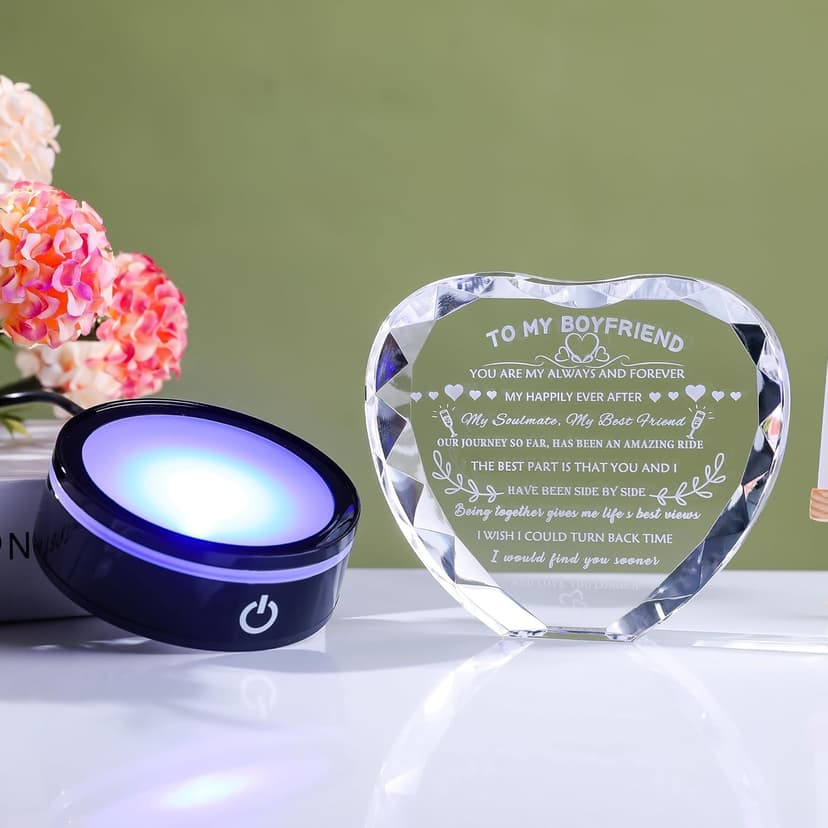 YWHL Gifts for Boyfriend with Colorful LED Base Unique Birthday Gift Ideas from Girlfriend Romantic Heart Crystal Keepsakes to My Anniversary Christmas Valentine Day Clear 4.33*3.74*.1.18