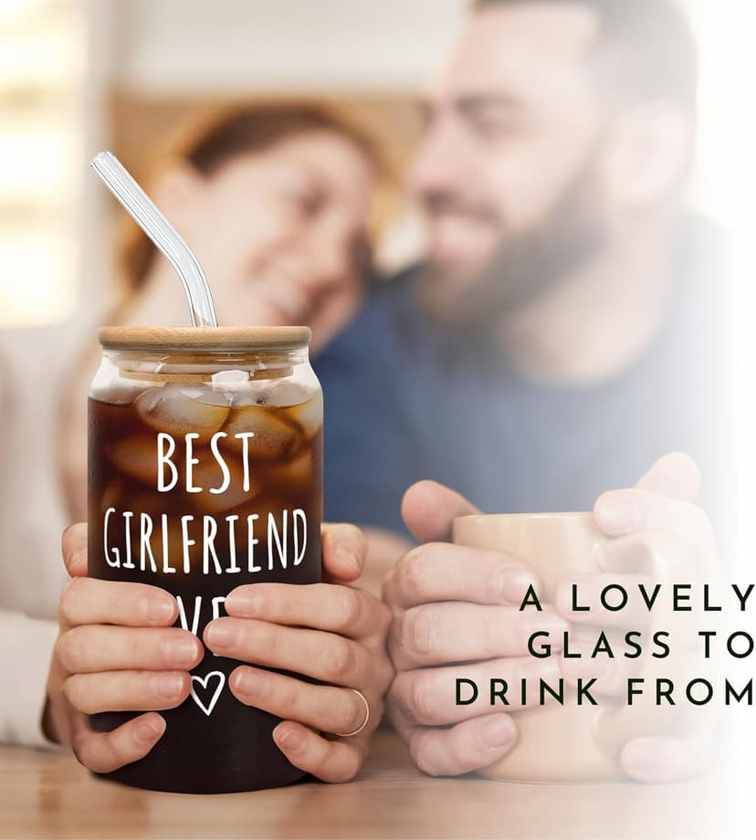 Gifts for Girlfriend - Girlfriend Gifts for Women - Anniversary, Valentines, Birthday Cup for Her - Romantic Love Glass for Her - 16 Oz Can Glass with Lid, Straw & Brush