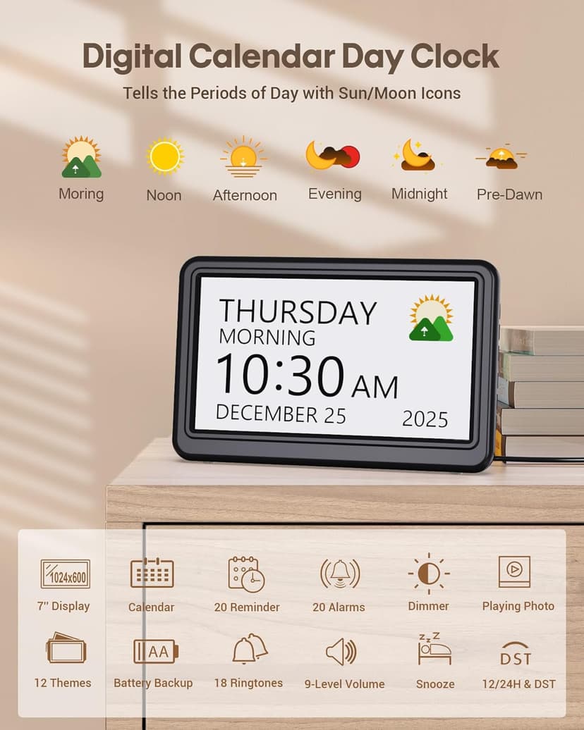 Clock with Day and Date for Elderly, 7" Large Display Digital Calendar Day Clock with 20 Custom Alarms and Medicine Reminders, 12 Display Modes, Dimmable Dementia Alzheimers Clocks for Seniors
