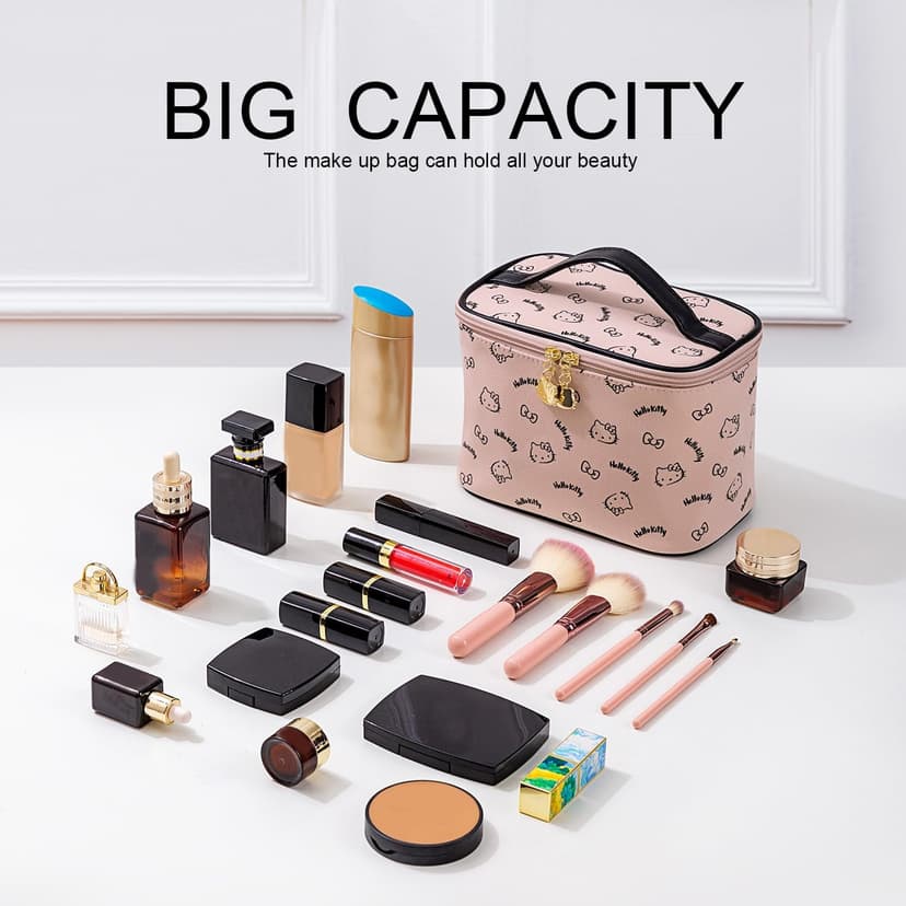 AmBealla Make up Bag Large Travel Cosmetic Bags Organizer with Brush Holder for Girl, Lightweight Cotton Toiletry Bag with Zipper for Women, Portable Makeup Case for Airplane/Home/Gym - Pink