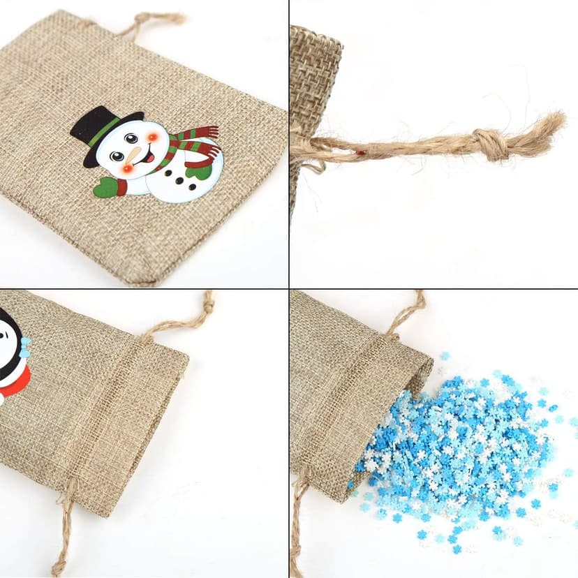 CCINEE 36pc Christmas Linen Bags with Drawstrings Christmas Burlap Goody Gift Bags with Double Jute Drawstrings, 4 designs Snowman, Santa Claus, Penguin and Reindeer