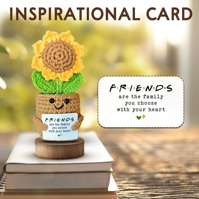 Mini Sunflower Crochet Gift with Card for Women Best Friend, Soul Sister, Long Distance Pal, Friends Are the Family You Choose, Cute Decor for Birthday, Christmas for Bestie, BFF, Coworker