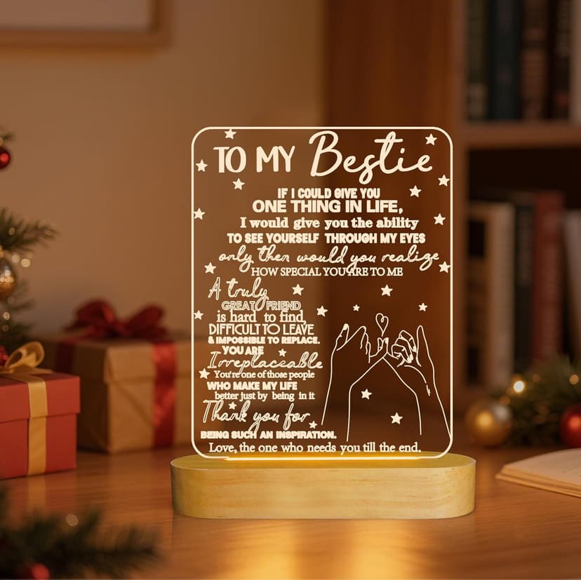 to My Bestie Gifts,3D Illusion Lamp I Love You Friends Night Light for Best Friend Sister Boys & Girls Women BFF Birthday Holiday, Soft Warm White Colors LED Wooden Table Lamp