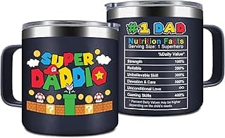 Gossby 14oz Super Daddio Travel Coffee Mug Tumbler - No. 1 Dad Nutrition Facts - Christmas, Fathers Day, Birthday Gift for Dad from Daughter Son Kid - Insulated Stainless Steel Cup with Handle