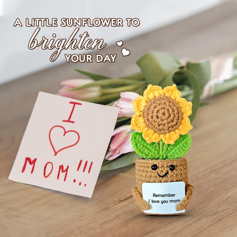Mini Sunflower Mom Gifts from Daughter Son Kid, Handmade Crochet Mothers Day Christmas Birthday Gift with Card, Remember I Love You Mom, Positive Emotional Present, Cute Small Stuff Things