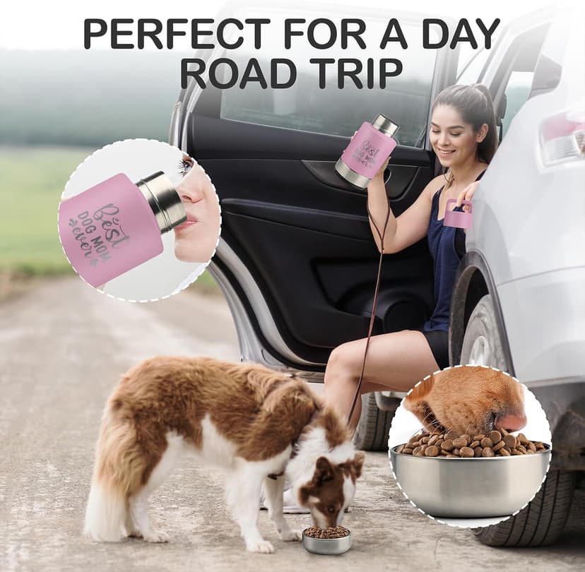 Insulated Dog Travel Water Bottle With Detachable Bowls, Ideal Dog Mom Gifts for Women, Portable Water Bottle Dispenser, For Walking, Hiking, Camping, Outdoor (Pink:Best Dog Mom, 32 Oz)