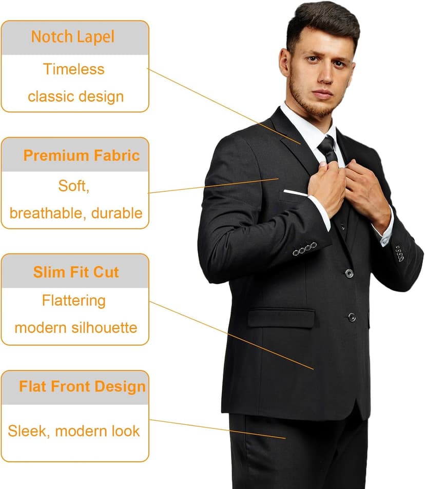 Men's Suit 3 Piece Slim Fit Suit Set, Two Button Solid Jacket Vest Pants with Tie, Men Tuxedo Suit Set